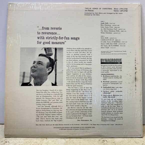 Jim Reeves 12 Songs of Christmas Country Vinyl LP in Shrink RCA Victor Mono - Picture 5 of 6